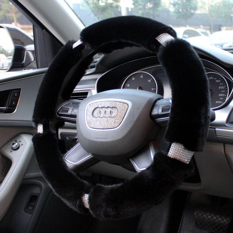 Car Steering Wheel Cover Winter Plush Female Korean Cute Universal Fashion Pink Gray Black Diamond-Studded Handlebar Cover
