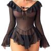 Plus Size Sexy Mesh Transparent Nightgown Rave Ruffle Bell Long Sleeve Off Shoulder Dress Lingerie Babydoll with Thong Nightwear