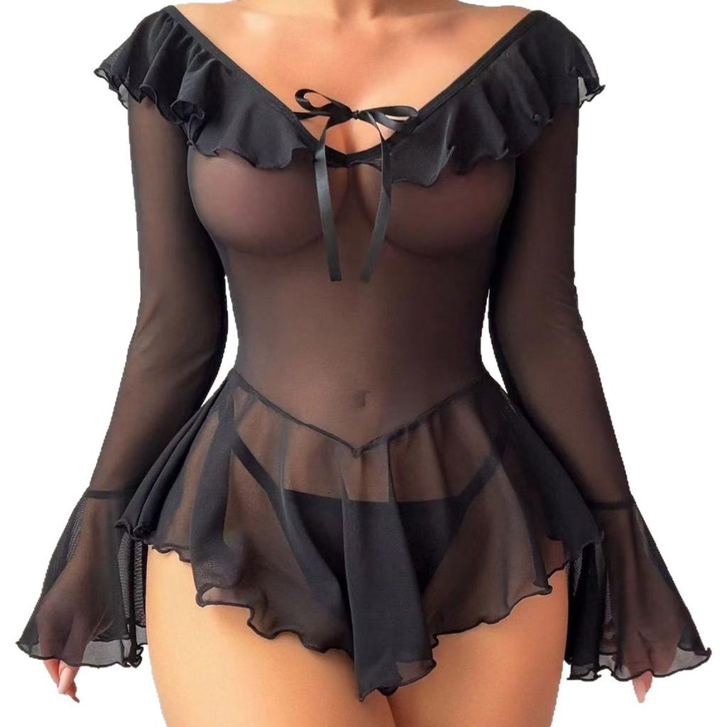 Plus Size Sexy Mesh Transparent Nightgown Rave Ruffle Bell Long Sleeve Off Shoulder Dress Lingerie Babydoll with Thong Nightwear