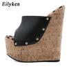 Fashion EilyKen Rivet Peep Toe Platform Wedge Slippers Black Summer Shoes Woman Sexy Super High Heels Mules Sandal Size 35-42
