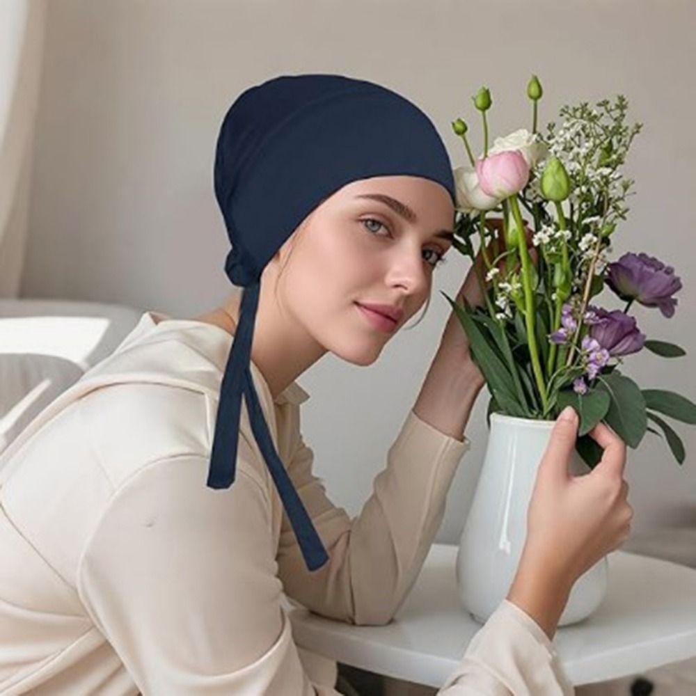 Breathable Muslim Ribbon Base Hat, Solid Color Muslim Bonnet Islamic Turban Muslim Women