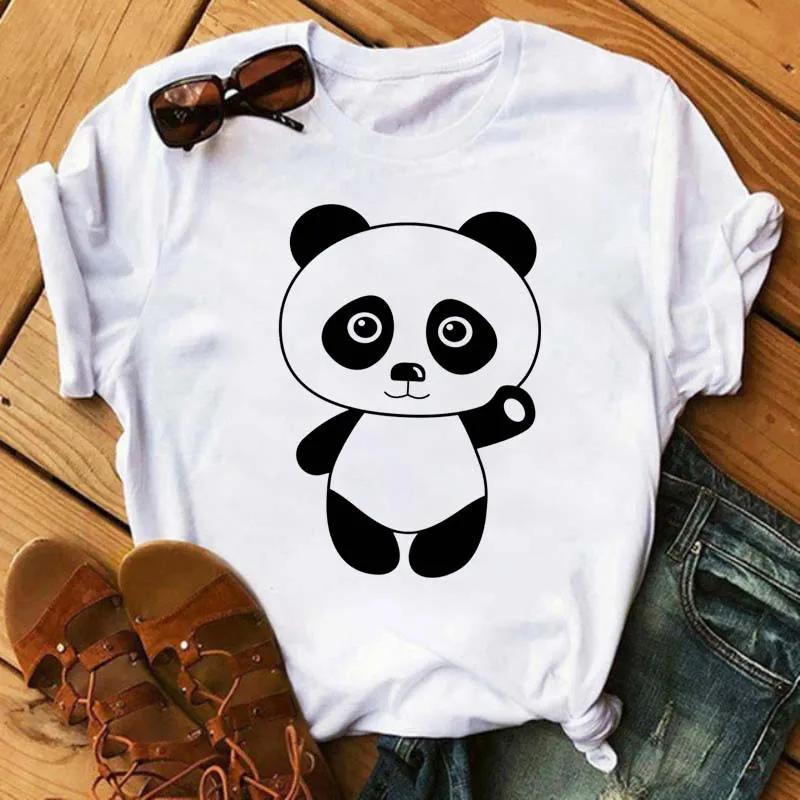 Cute Panda With Sunglasses Graphic Women T-Shirt Minimalist Black Line Animal Print Short Sleeve Casual Streetwear Tee