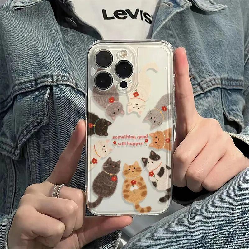 Cartoon Cute Rose Kitten Transparent Phone Case for IPhone 11 12 13 14 15 16 17 Pro Max IPhone 16 15 14 Plus Silicone Soft Cover