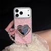 Luxury Sparkling Glitter Rhinestone Heart Mirror Phone Case for iPhone 17 Pro Max 16 15 14 13 Crystal Wrist Strap Protect Cover