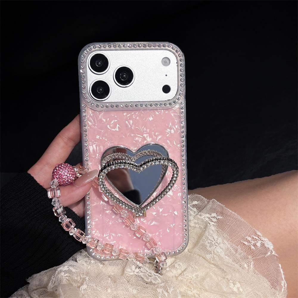 Luxury Sparkling Glitter Rhinestone Heart Mirror Phone Case for iPhone 17 Pro Max 16 15 14 13 Crystal Wrist Strap Protect Cover