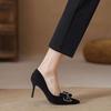 Stiletto High Heels Women's Spring New Rhinestone Bow Pointed Single Shoes Black Soft-soled Leather Shoes