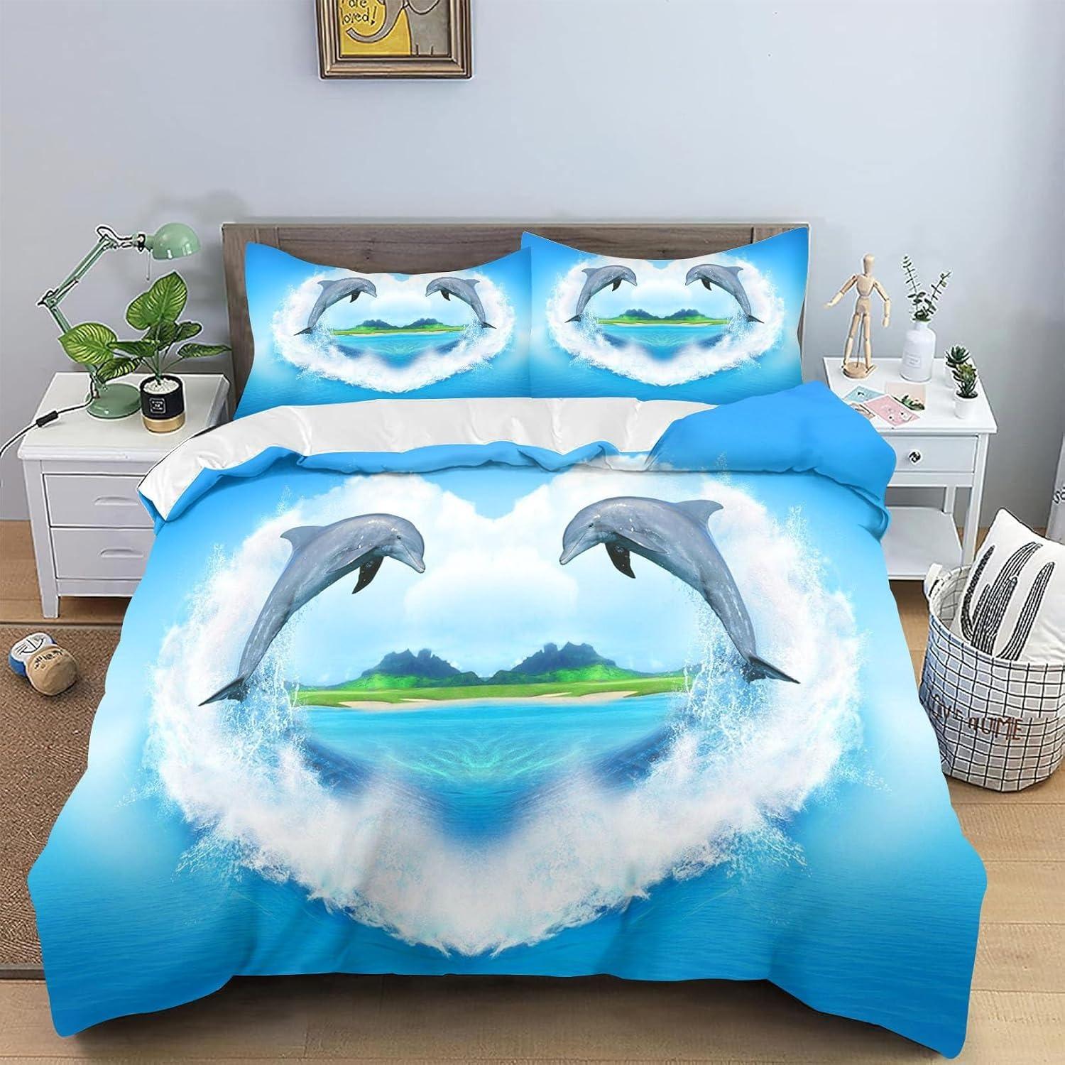 

3D Dolphin Duvet Cover Set, Underwater World Duvet Cover and Pillowcase, Dolphin, Tropical Fish, Coral Ocean Bedding Set 135x200cm