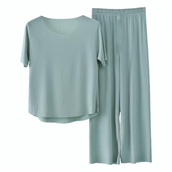 2Pcs/Set Women Pajamas Seamless Ice Silk Round Neck Short Sleeve Solid Color Elastic Waist Wide Leg Loose Soft Breathable Homewear Top Pants Set