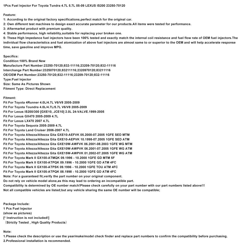 1Pcs Fuel Injector For Toyota Tundra 4.7L 5.7L 05-09 LEXUS IS200 23250-70120