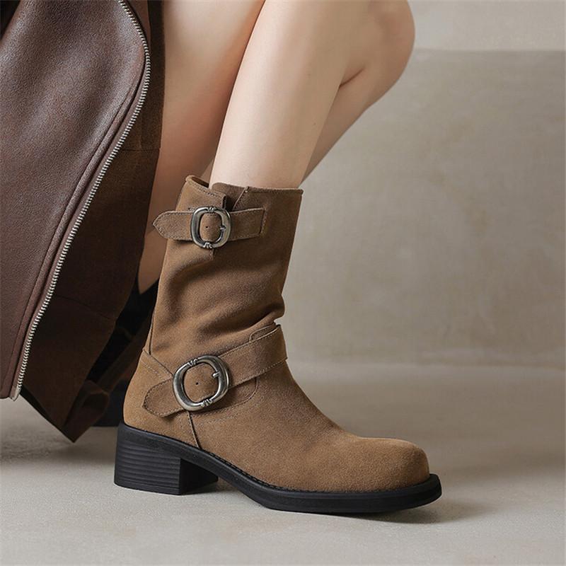 Fashion New Autumn Winter Cow Suede Women Boot Fashion Buckle Square Toe Mid-calf Boots for Women Thick Heel Work Boots Zapatos Mujer