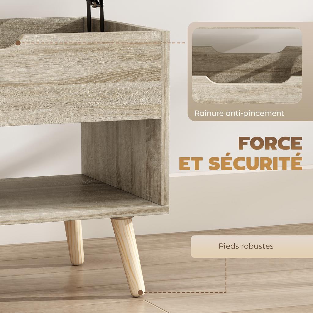 Lift-Top Coffee Table, Hidden Compartment, Open Shelves, 75 x 40 x 58 cm, Natural Wood