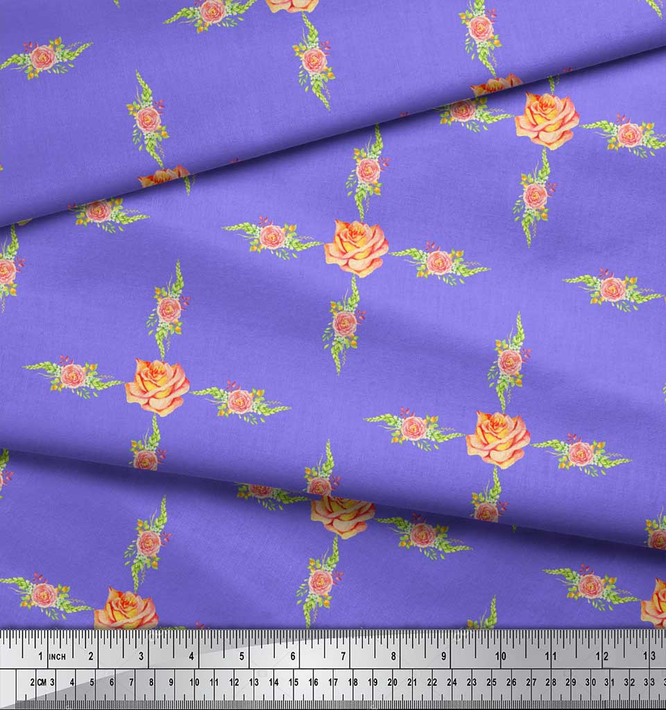 Soimoi Purple Japan Crepe Satin Fabric Grandiflora Rose & Camellias Floral Print Fabric by Metre 42 Inch