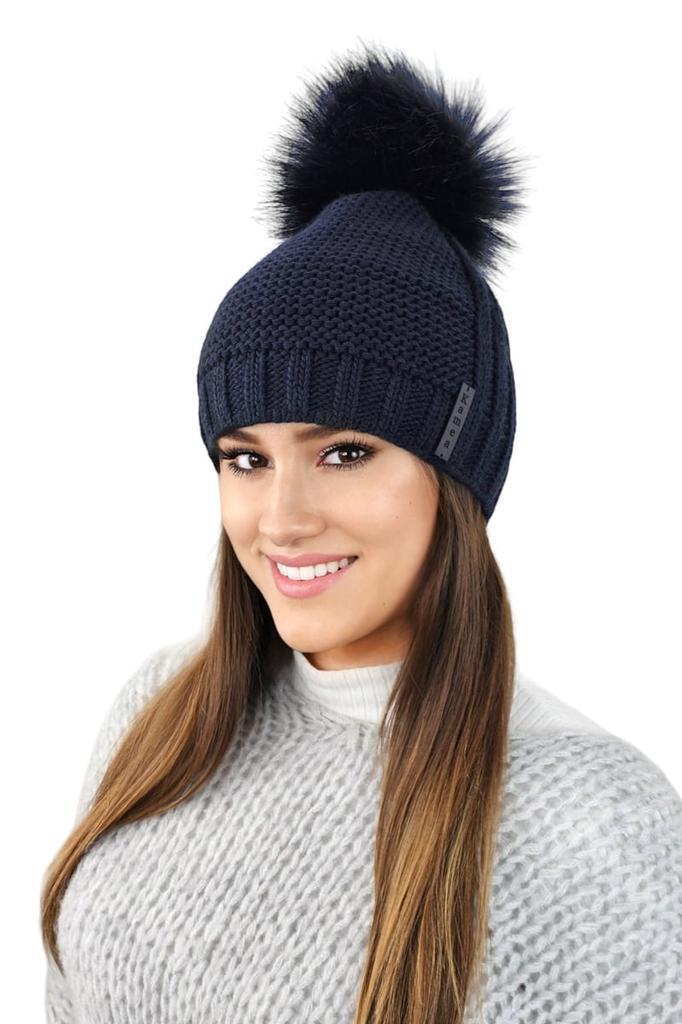 Fiona Women' Winter Fleece Hat with Pompom, Navy Blue