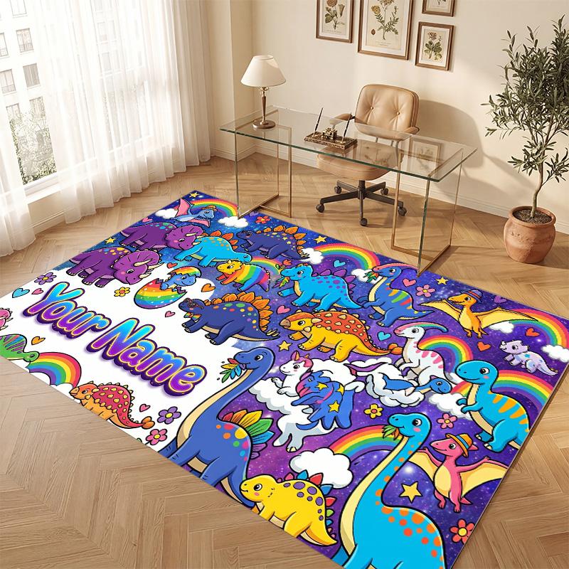 Dinosaur Theme Soft Crystal Velvet Rug Custom Name & Text Print Non Slip Floor Rug for Bedroom Living Room