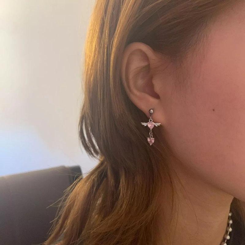 Heart Angel Wings Dangle Earrings Heart Zircon Drop Dangle Earrings Women Ear Cuff Charm Earring for Girl Valentine Gift