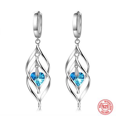 925 Silver Hollow Blue Crystal Long Drop Earrings For Women Fashion Wedding Jewelry Gift
