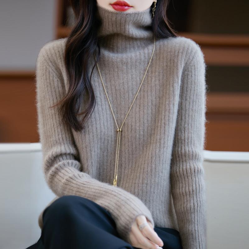 Women's Pure Wool High Neck Ribbed Sweater - Autumn/Winter Versatile Knitwear