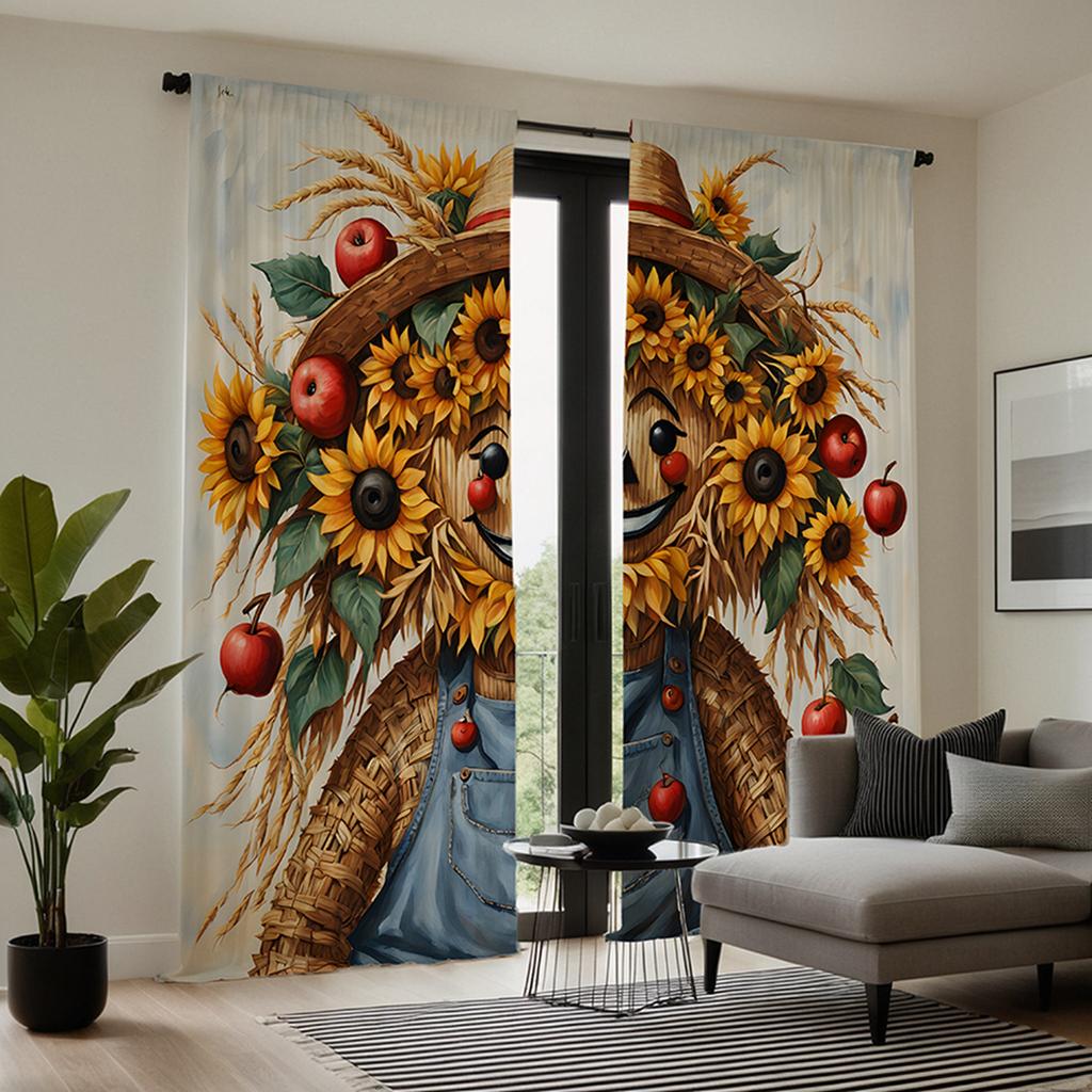 2pcs Set HD Thanksgiving Garland Scarecrow Decorative Curtain Yellow Tie Digital Printed Curtain Home Decor Style Decorative
