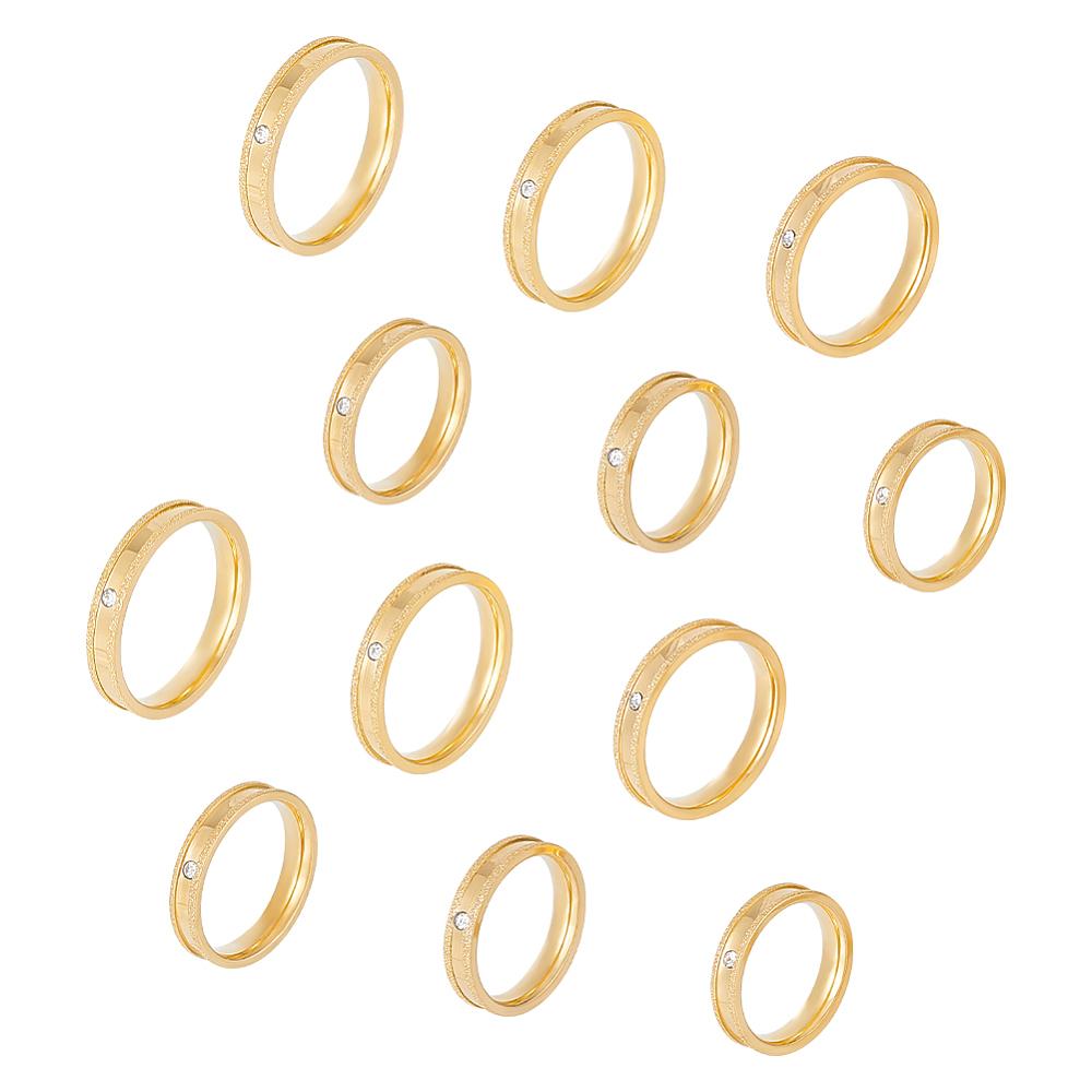 12Pcs 6 Size Crystal Rhinestone Ring, Grooved Finger Rings Set, Stainless Steel Jewelry for Women, Golden, Inner Diameter: 16~21.2mm, 2Pcs/size
