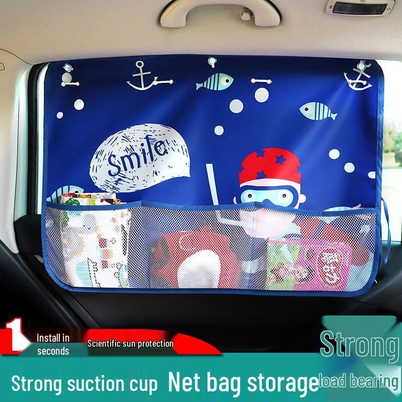Cartoon Car Sunshade with Net Pocket – Baby Sunblock & Heat Insulation Curtain