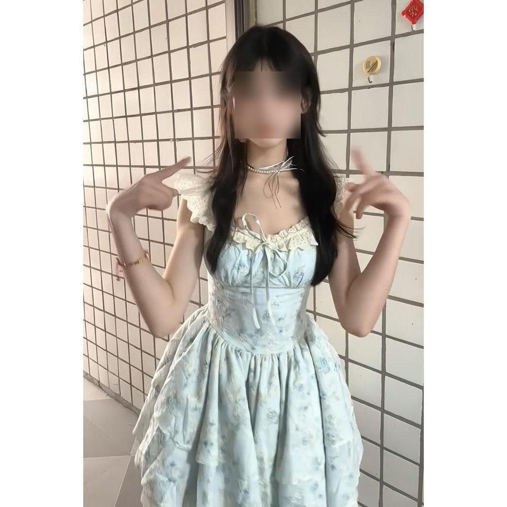 Sweet Spice Girl Blue Flying Sleeve Dress Women's Summer Waist Fluffy Short Dress Sweet Premium Princess Cake Dress