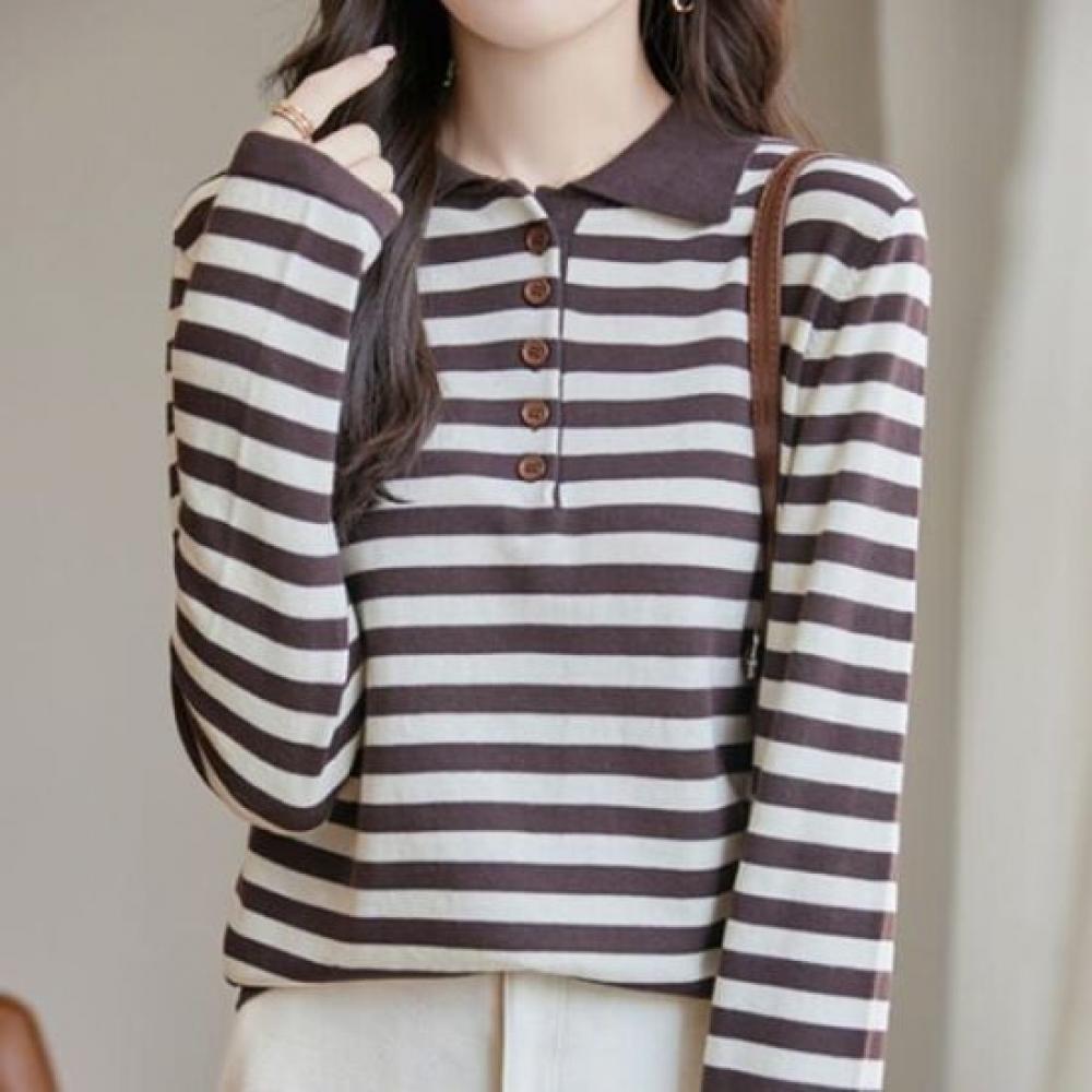 Navava Striped Button Collar Long Sleeve Knit Top Nk3135