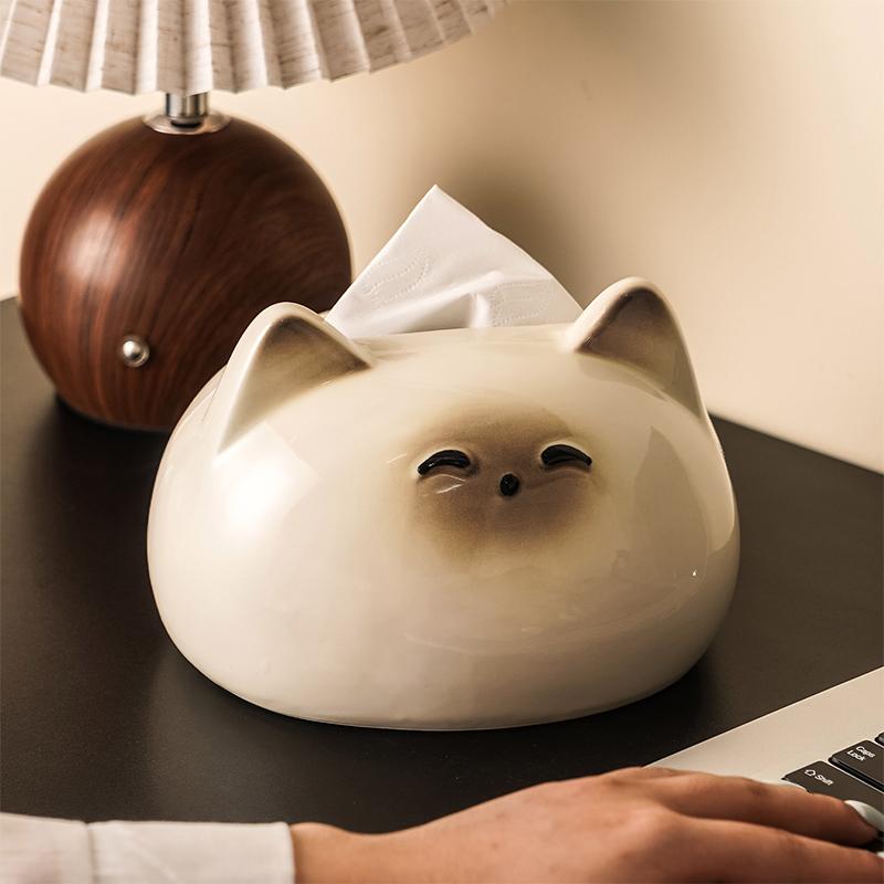 Cute Cat Ceramic Tissue Box Desktop Ornaments Home Decoration