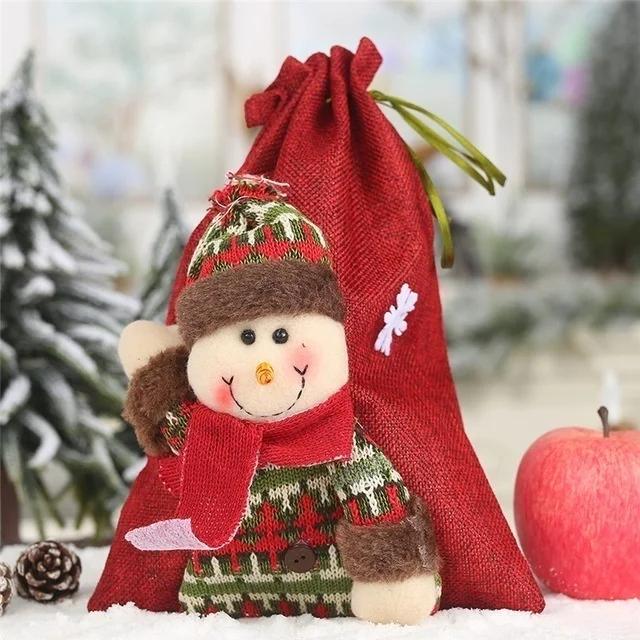 New Year Christmas Decorations for Home Linen Drawstring Gift Bag Large Candy Christmas Bags Holiday Cartoon Apple Bag