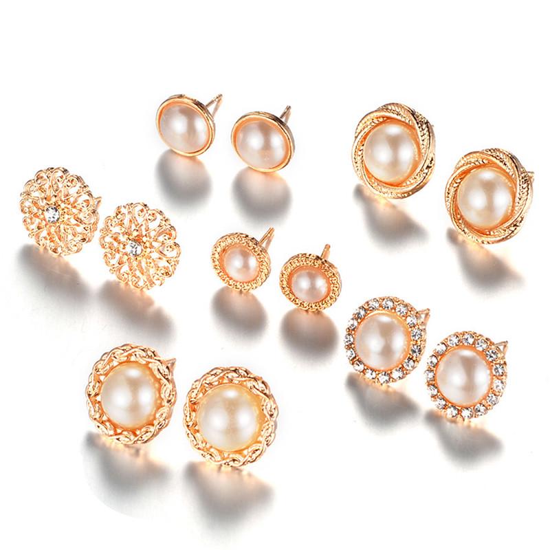 6Pairs/Set Rhinestone Crystal Pearl Earrings Ear Studs Earrings Elegant Jewelry