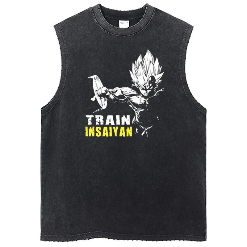 Hip Hop Streetwear Washed Sleeveless Tshirt Vintage Tank Tops Sleeveless Dragon Ball Anime Graphic Cotton Vest