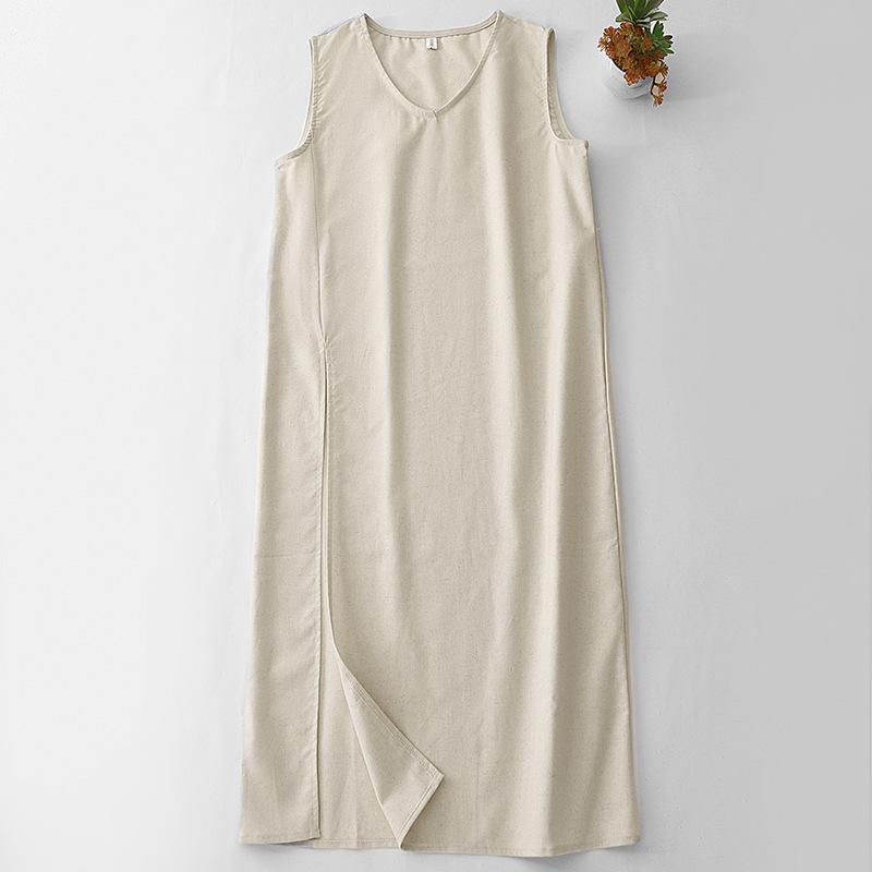 2025 summer new solid color cotton and linen split dress women's sleeveless simple V-neck over-the-knee vest skirt