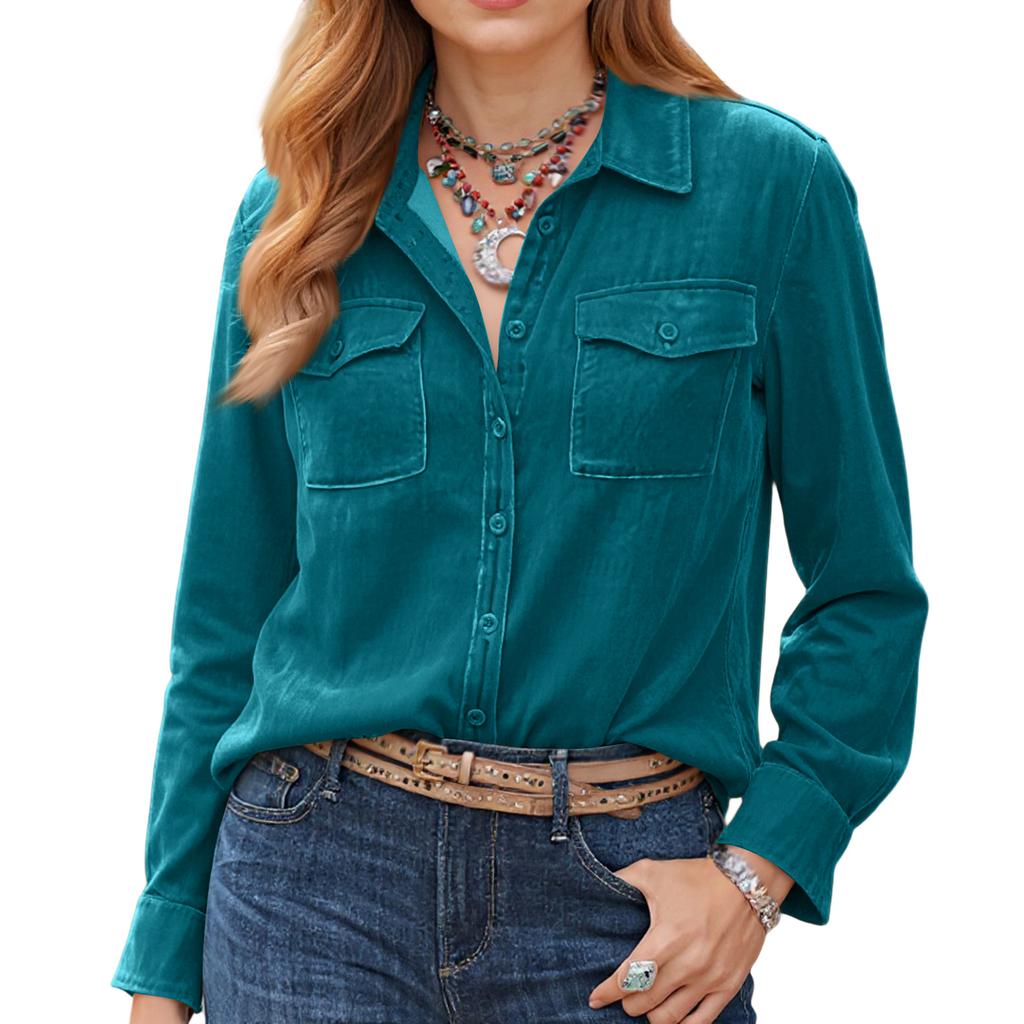 Women's Fashionable Casual Solid Color Retro Long-Sleeved Velvet Shirt