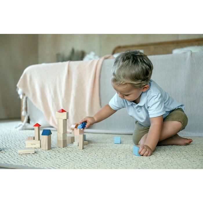 Blocs créatifs en bois - PLAN TOYS - 40 pièces - 12 blocs de couleur - 18 blocs de couleur naturelle