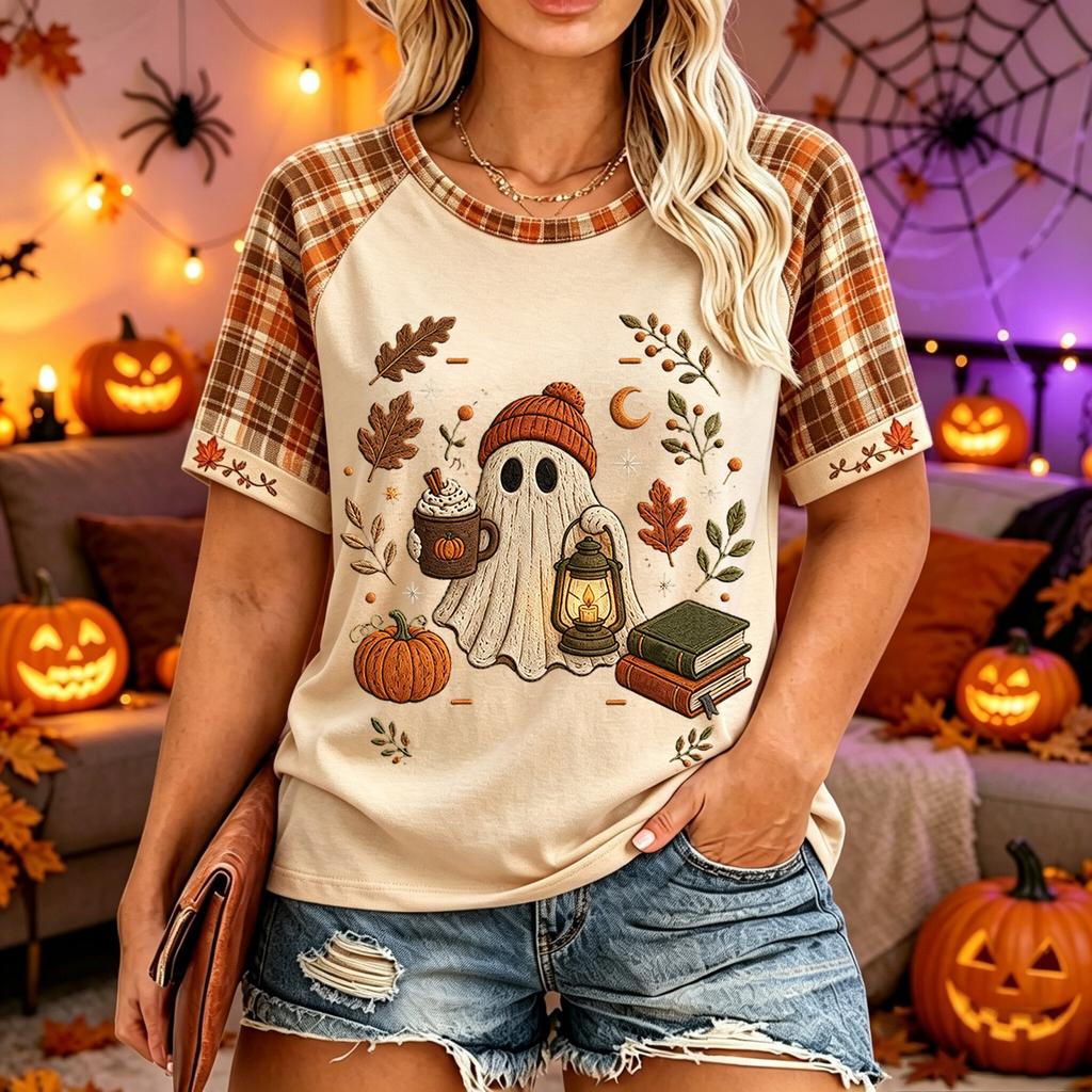 Women's Plus Size Casual Short Sleeve Neck T-Shirt with Halloween Print