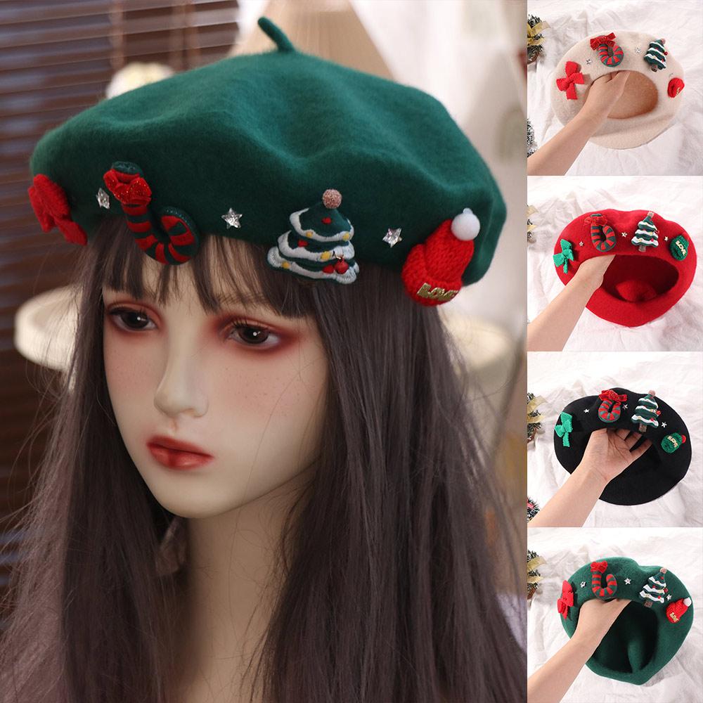 Red Green Christmas Beret Cap New Year Xmas Painter Hat Fashion Christmas Beret Hat  Women