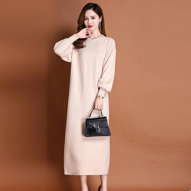 With Coat Over Knee Sweater Skirt Round Neck Inner with Bottom Skirt Women's Autumn and Winter Loose and Thin Medium and Long Knitted Dress