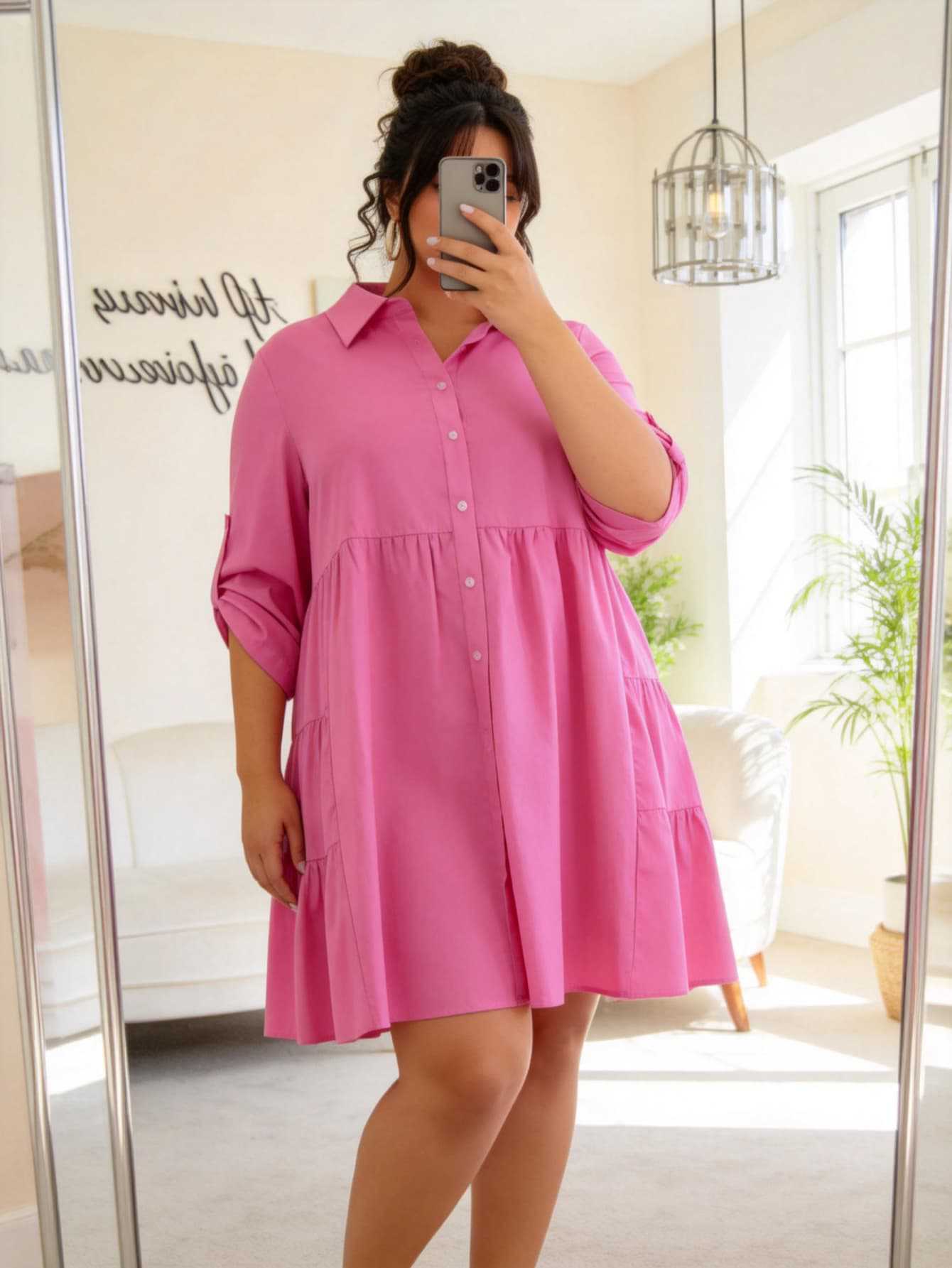 

Large size pink shirt skirt women, lapel breasted layered pleated loose casual dress XL розы красного