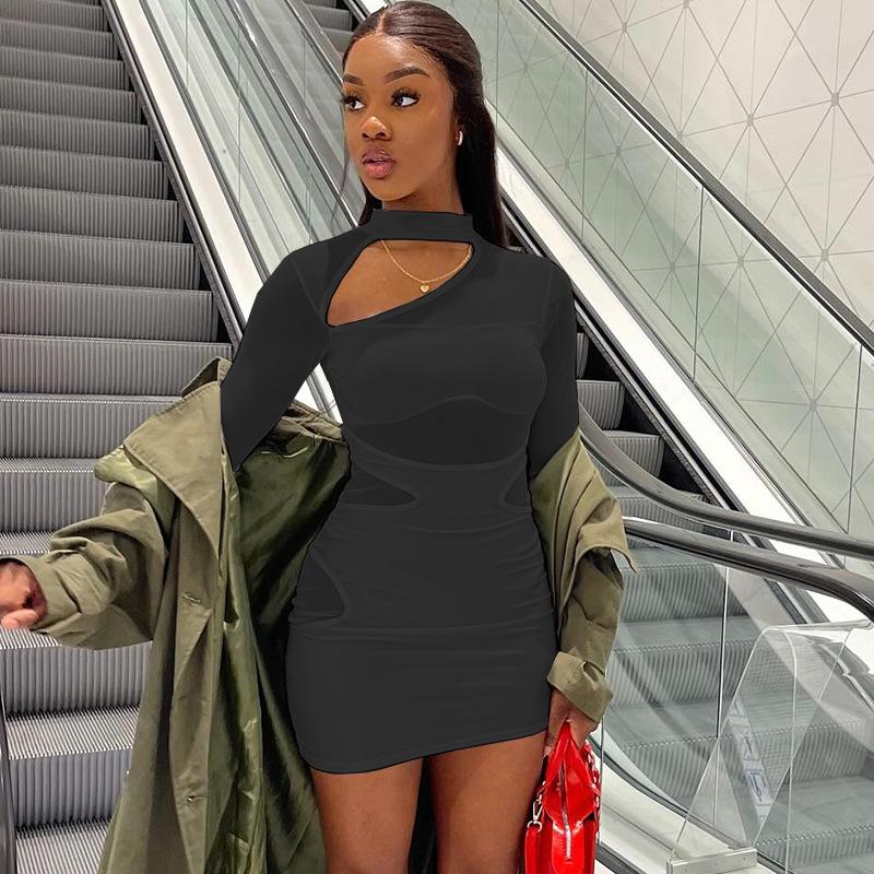 Europäischer und Amerikanischer Stil Modisches Damenkleid in Unifarbe, Sexy Ausschnittkleid, Netzspitze, Hüftbetonender Rock