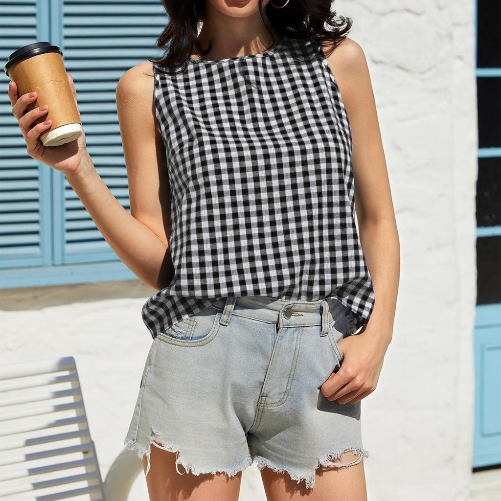Women’s Sleeveless Round Neck Plaid Button Down Casual Vest Top with Gingham Pattern and Relaxed Fit for Everyday Wear