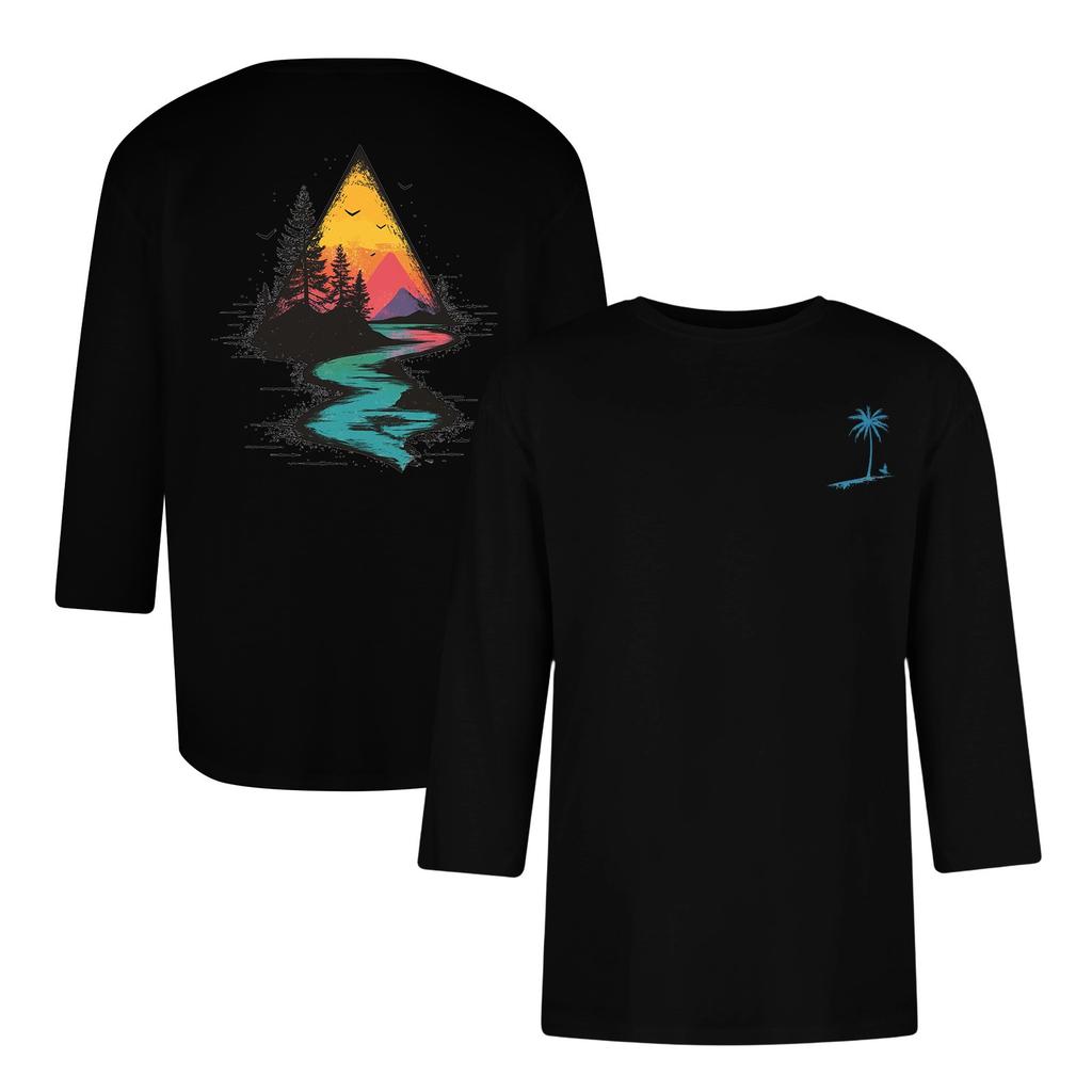 Men's Casual and Fashionable Printed Collar Three-quarter Sleeve Top T-shirt