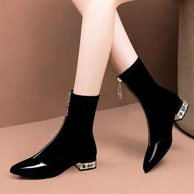 Damen Glänzende Pailletten Stiefeletten Wintermode Spitz Zehenbereich Reißverschluss Strass Quadratische Absätze Kurze Stiefel Retro Motorradschuhe