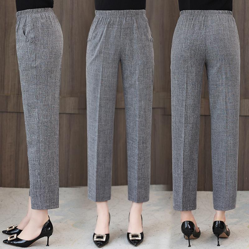 Summer High Waist Straight Pants for Women Plus Size Classic Elastic Waist Cotton Linen Trousers
