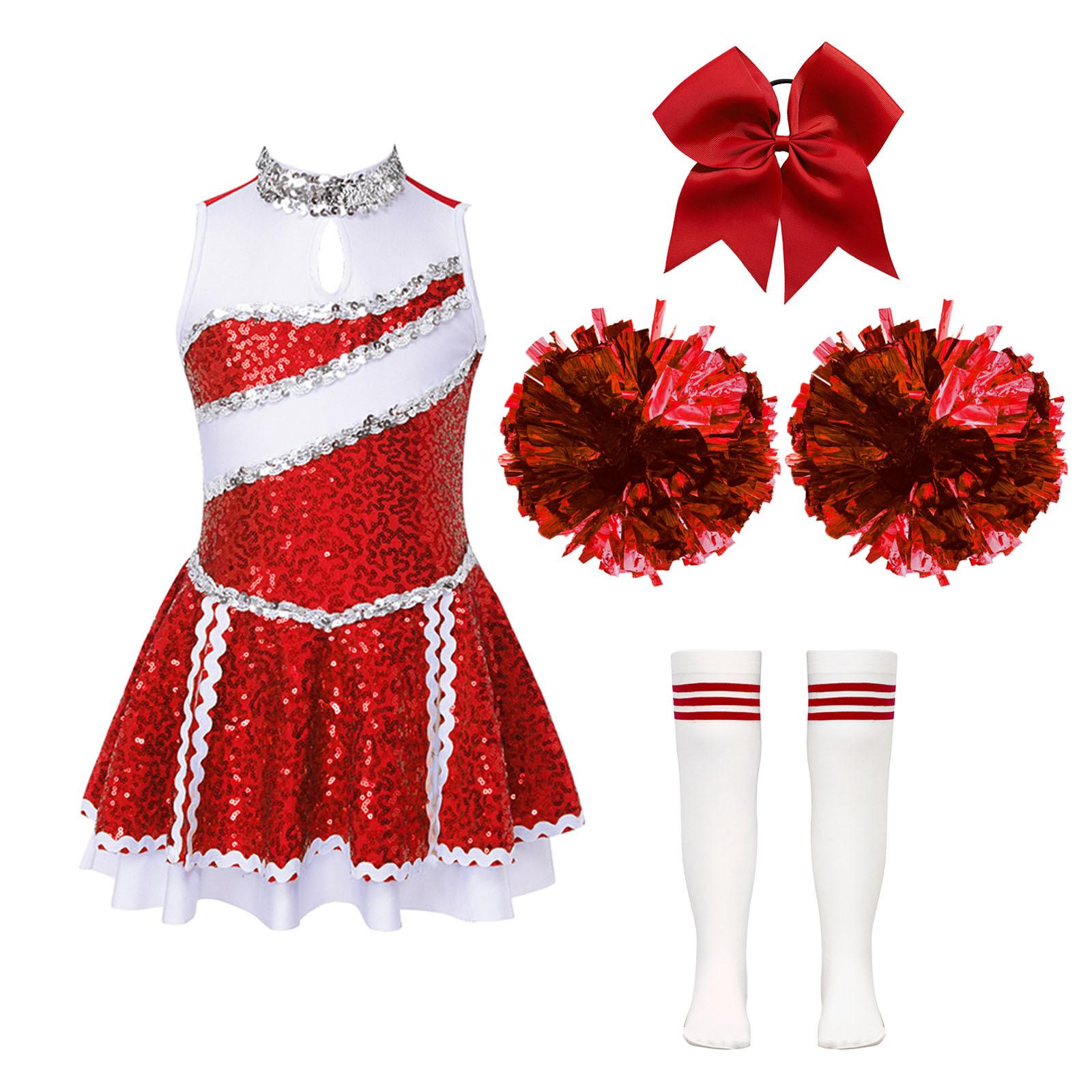 

Girls Cheer Costume Sequined Patchwork Dress Invisible Back Zipper Performance Outfit with Bow Headwear Pom Socks Dance Wear