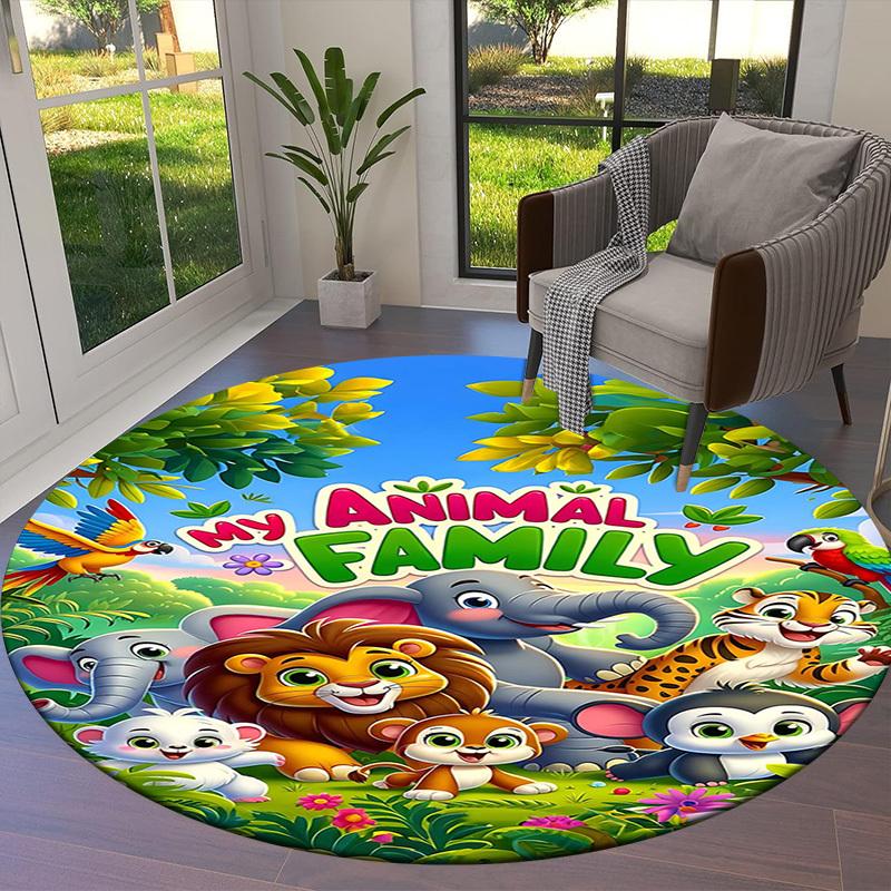 1PC Animal Family Non-Slip Floor Round Carpet, Office, Family, Bedroom, Large Area Rug Indoor Rugs, Durable PolyesterH0323