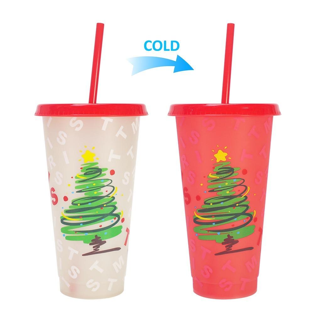 24oz Capacity Color Changing Cup With Straws With Lids Iced Coffee Cup Reusable Plastic Material Cold Drink Cup Christmas Party