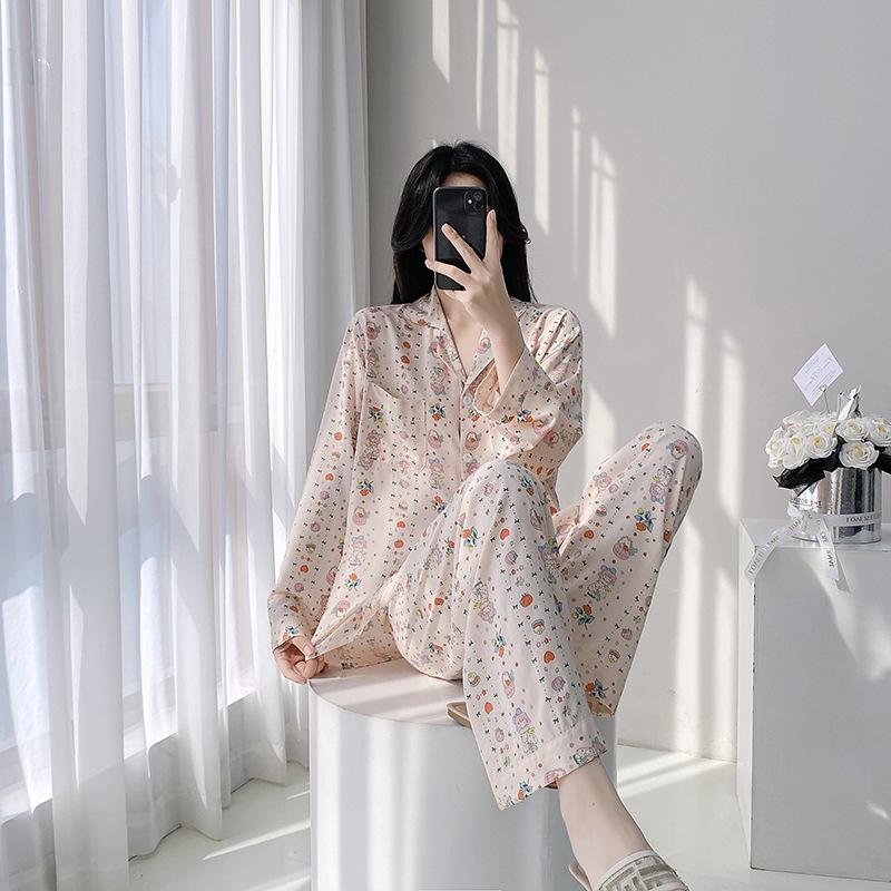 1011 Cotton and Silk Pajamas Women's Long-sleeved Trousers Large-size Two-piece Suit Girl Cute and Sweet New Loungewear