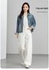 Xin Ge Damen Retro Patchwork Jeansjacke mit Aufschlagmanschetten - Herbst Blau Print Design