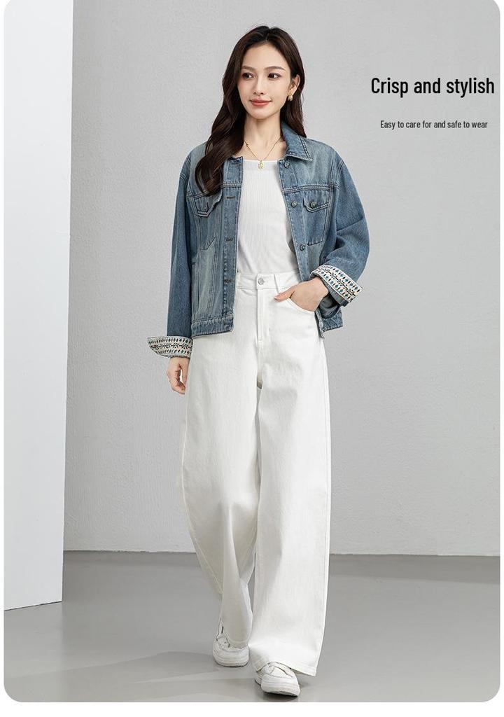Xin Ge Damen Retro Patchwork Jeansjacke mit Aufschlagmanschetten - Herbst Blau Print Design