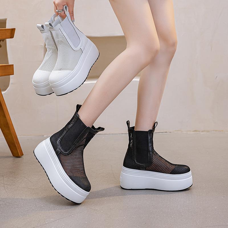 High Quality 8CM Air Mesh Microfiber Leather Ankle Boots Sandals Women Chunky Sneaker Platform Wedge Summer Comfy Shoes Hollow