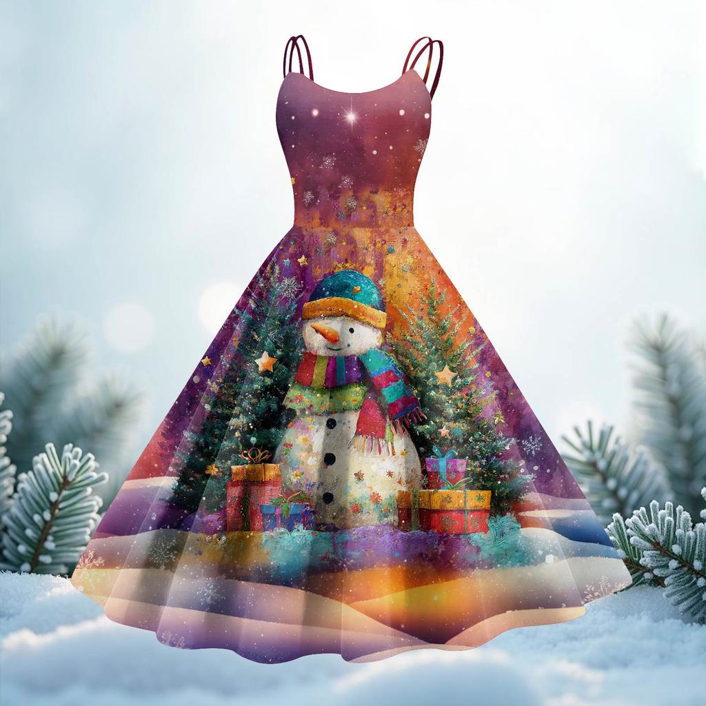 Women's Christmas Print Casual Fashion Round Neck Mid-Length Dress